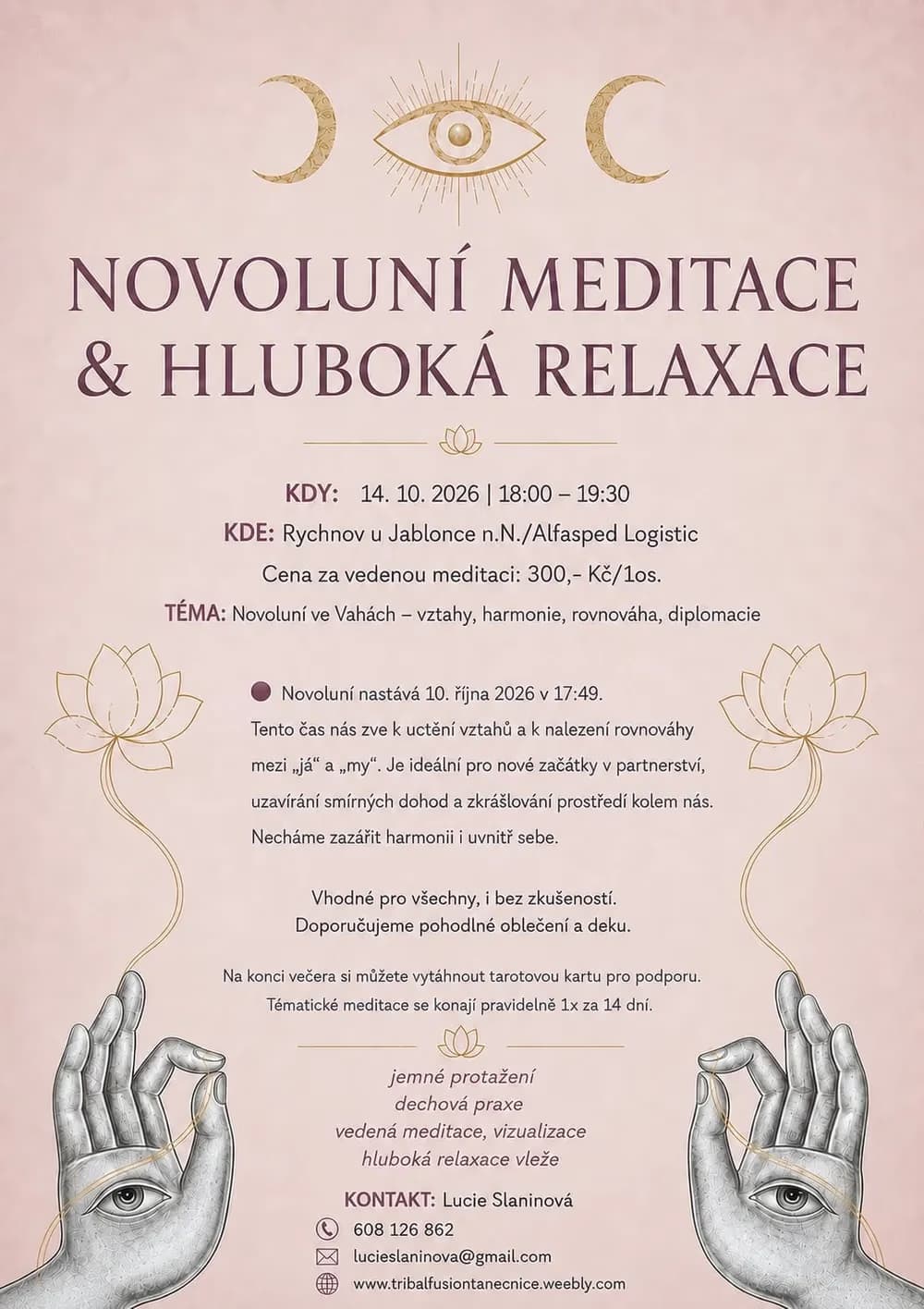 Pozvánka na meditaci při novoluní s ilustracemi rukou, lotosových květů a symbolů oka.