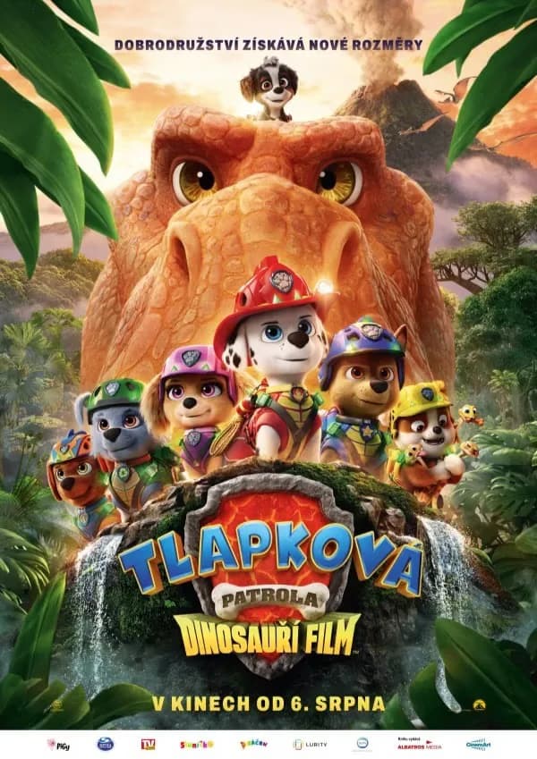 Figuren der Paw Patrol stehen in einer tropischen Landschaft mit einem großen Dinosaurier.