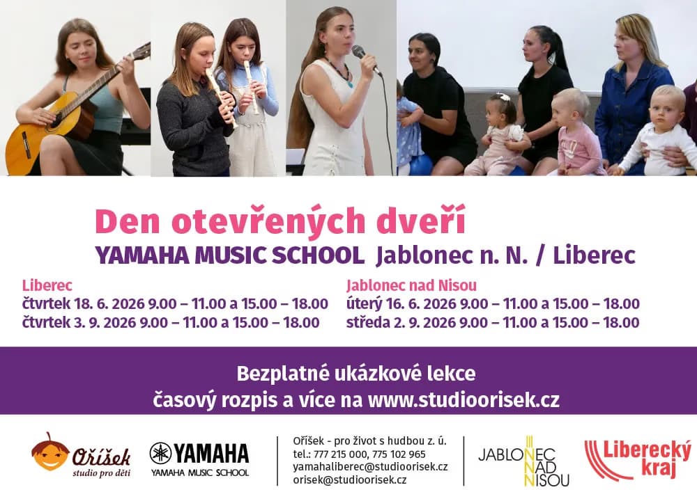 The poster promotes Yamaha Music School open days in Liberec and Jablonec with photos of students.
