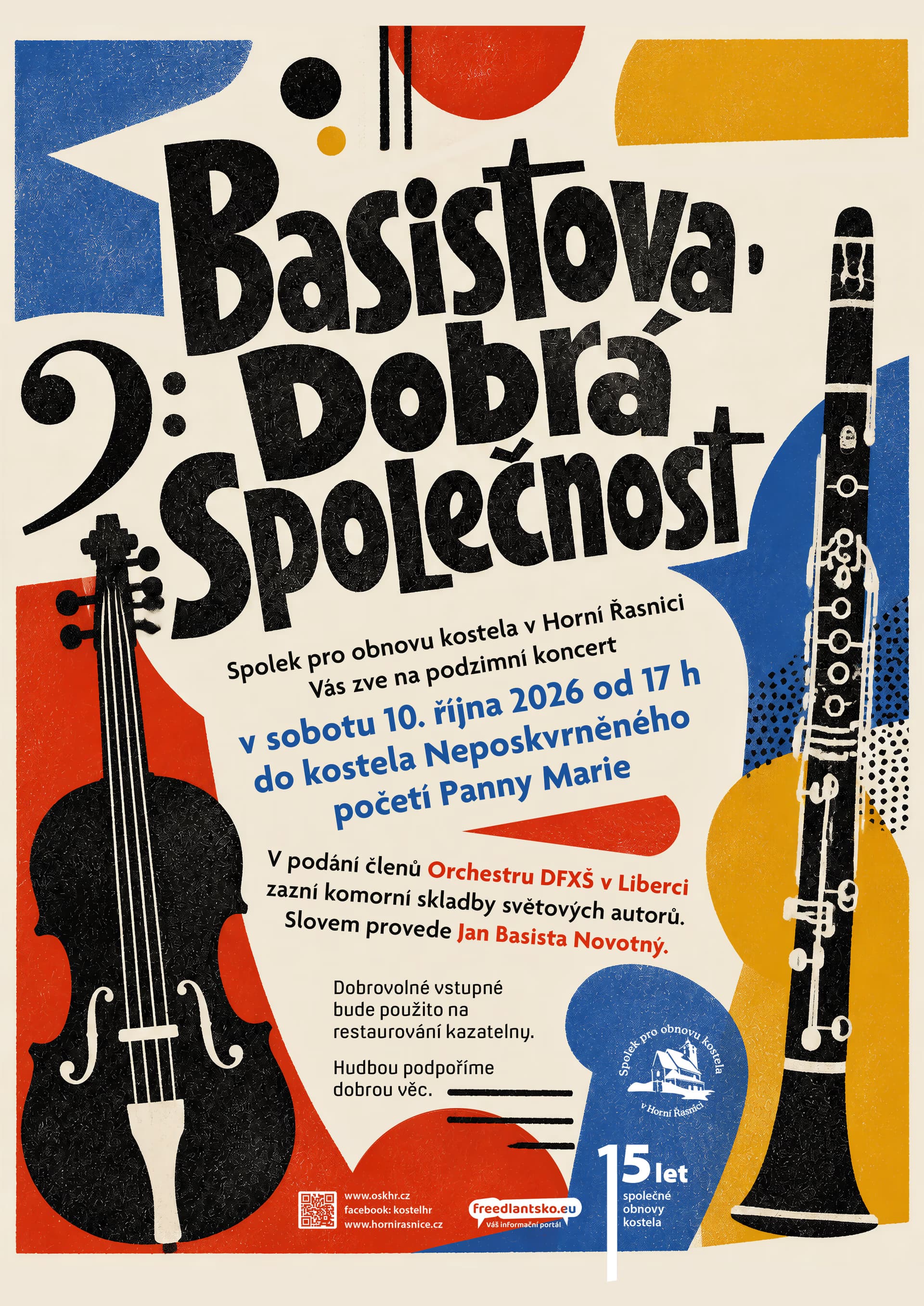 Grafisches Plakat mit Kontrabass, Klarinette und Informationen zu einem Herbstkonzert in Horní Řasnice.