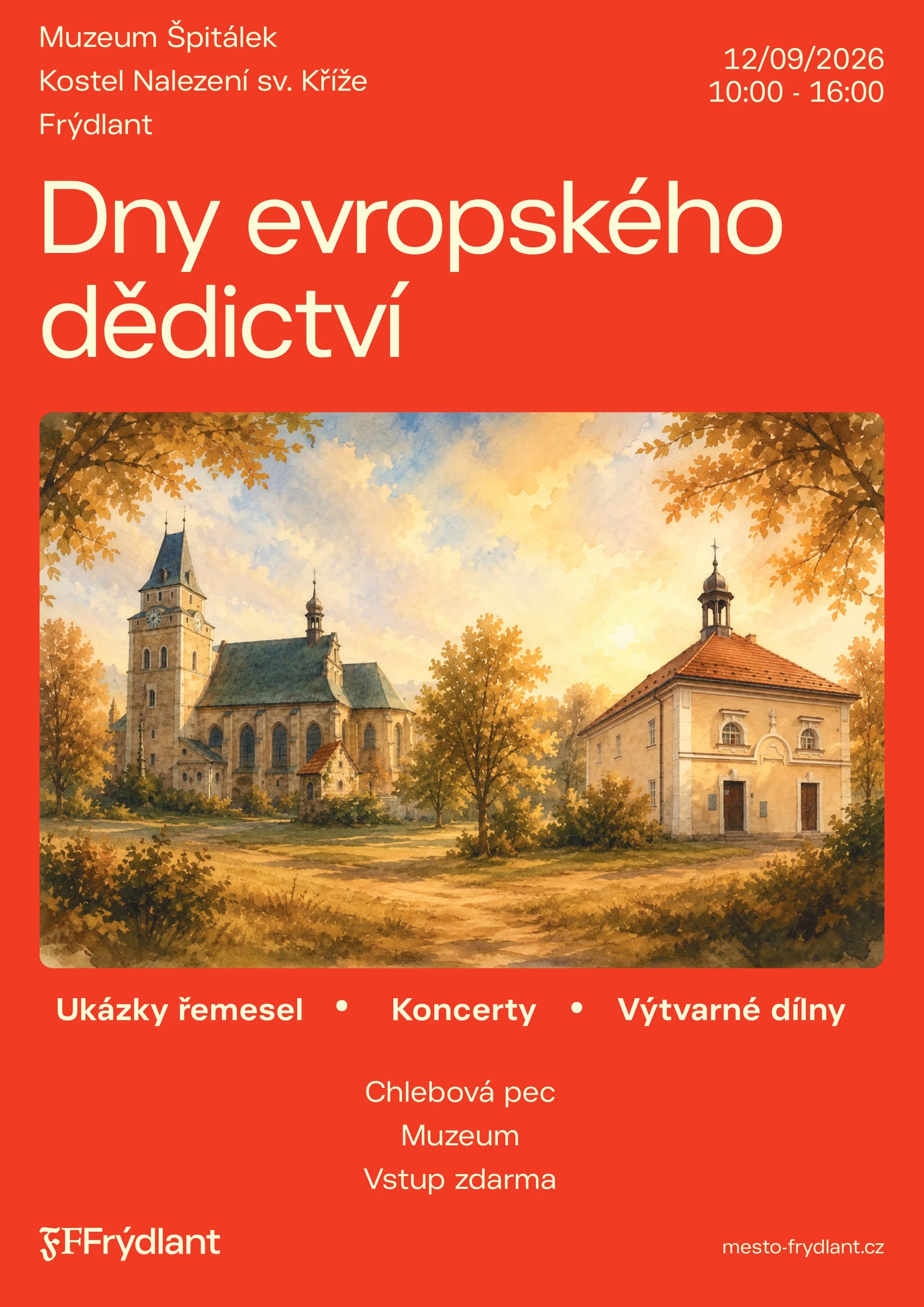 An event poster for European Heritage Days featuring a landscape painting of a church and museum.