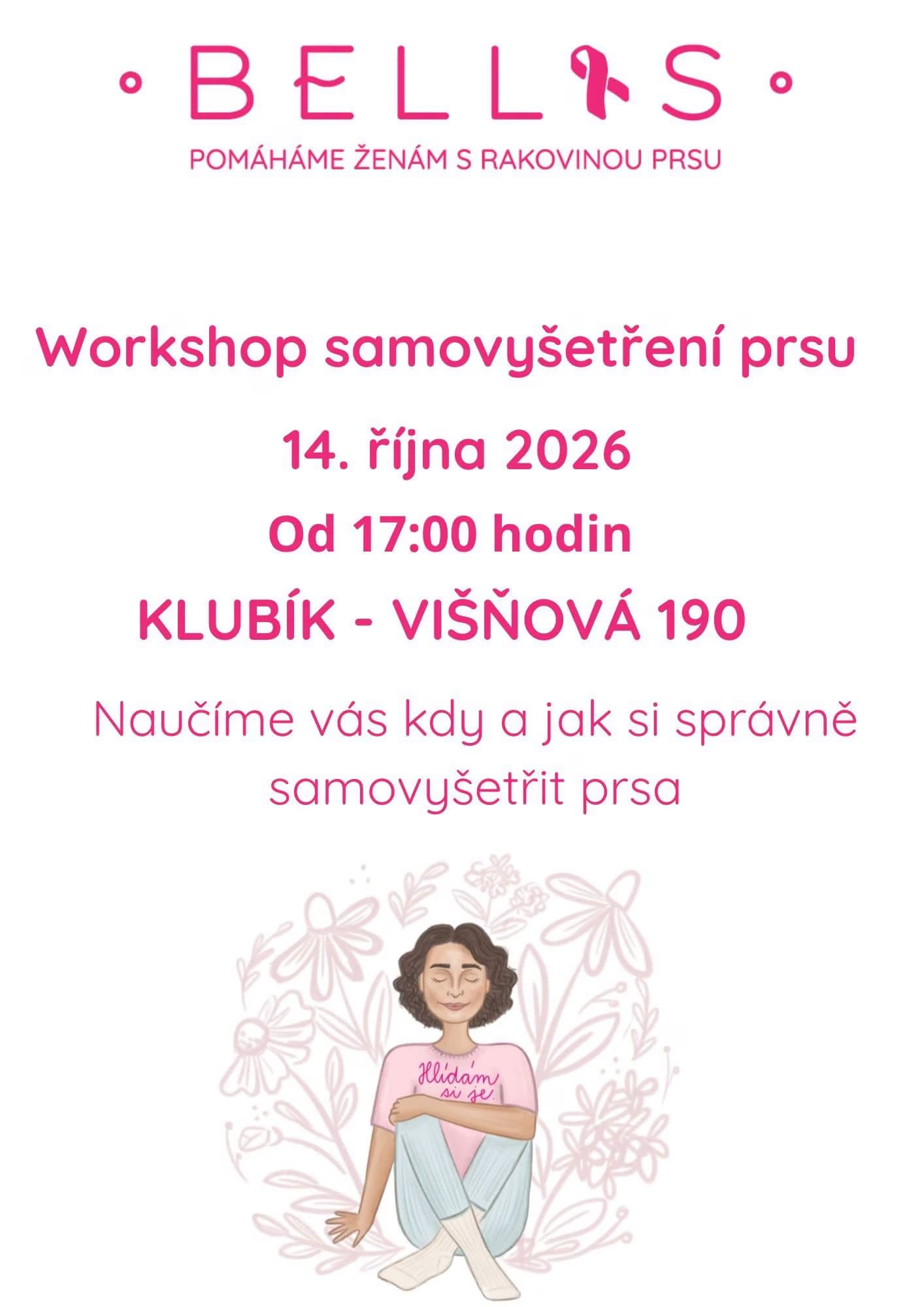 Pink and white event flyer for a breast self-examination workshop featuring a woman illustration.