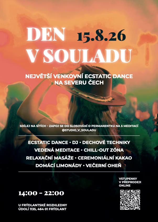 Person in a hat at an outdoor festival with text overlay announcing Ecstatic Dance event.