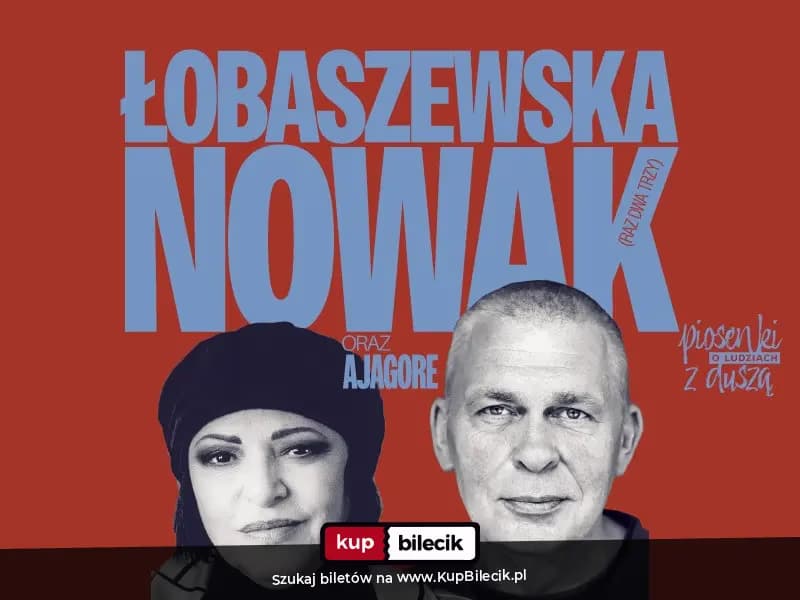 Two singers are shown against a red background with large blue text announcing a musical concert.