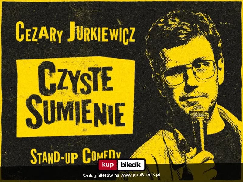Graphic poster for Cezary Jurkiewicz's comedy show Czyste Sumienie featuring the comedian.