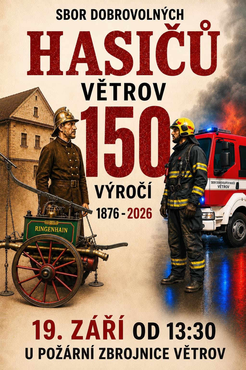 Plakat przedstawia historycznego strażaka ze sprzętem i współczesnego strażaka obok wozu strażackiego.