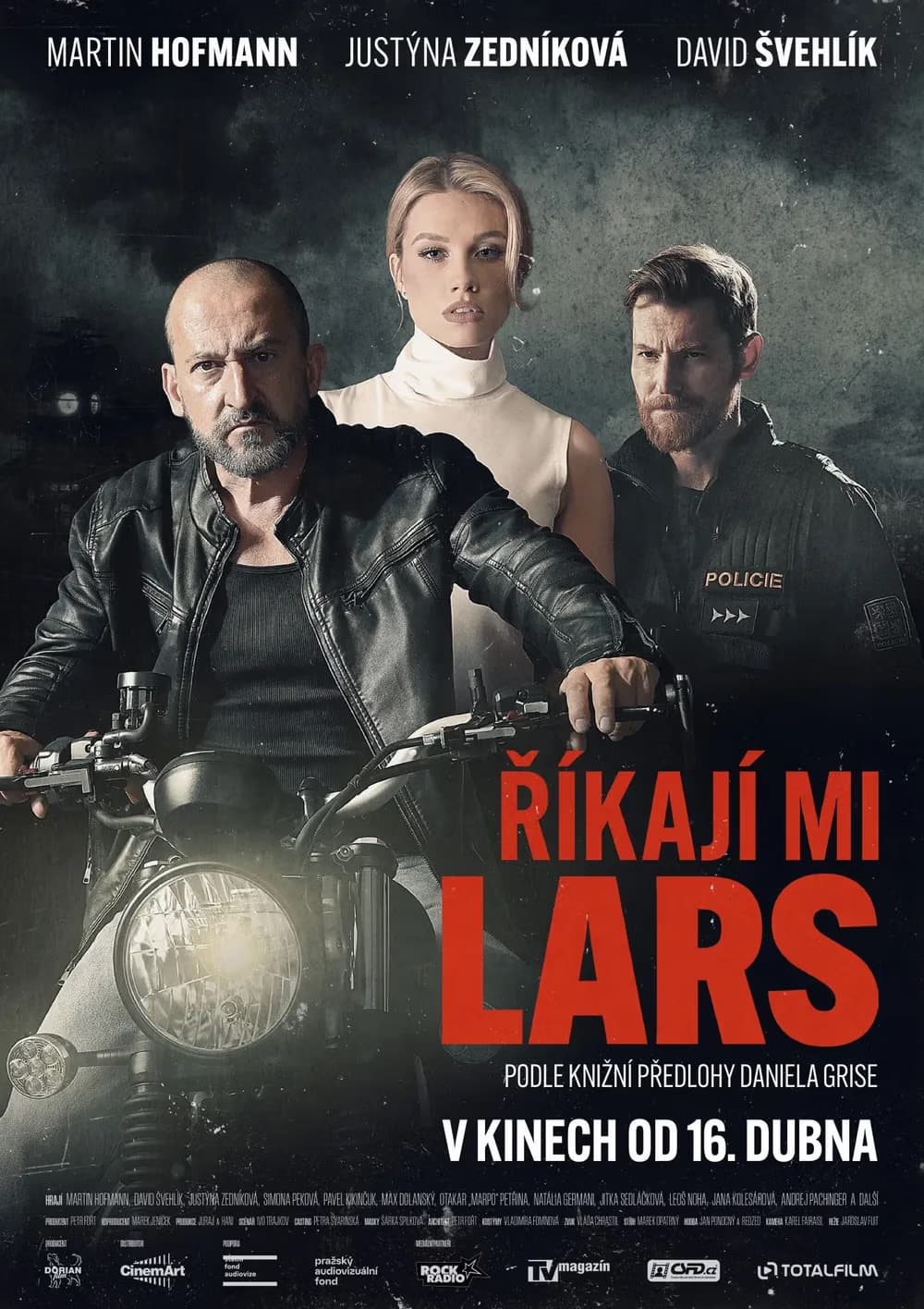 Ein Mann auf einem Motorrad, eine Frau und ein Polizist sind auf diesem dramatischen Filmplakat zu sehen.