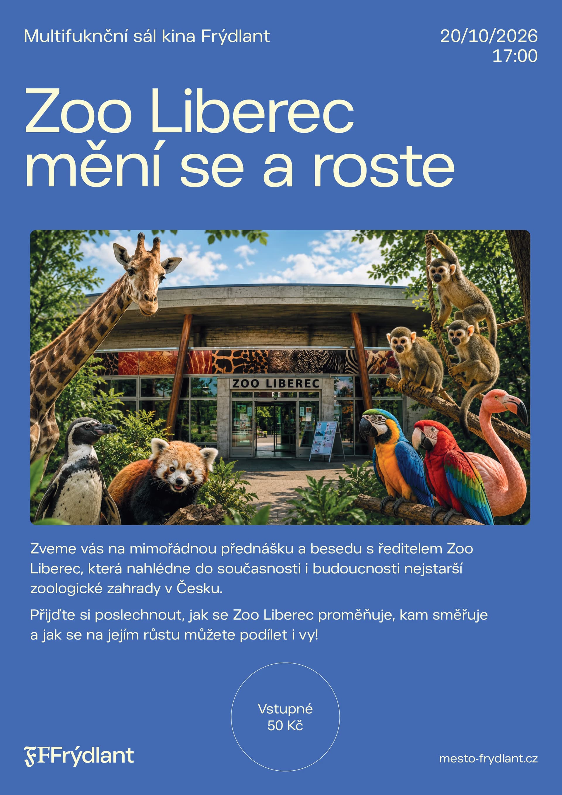A poster for a lecture about Liberec Zoo with an image of zoo animals in front of the zoo building.