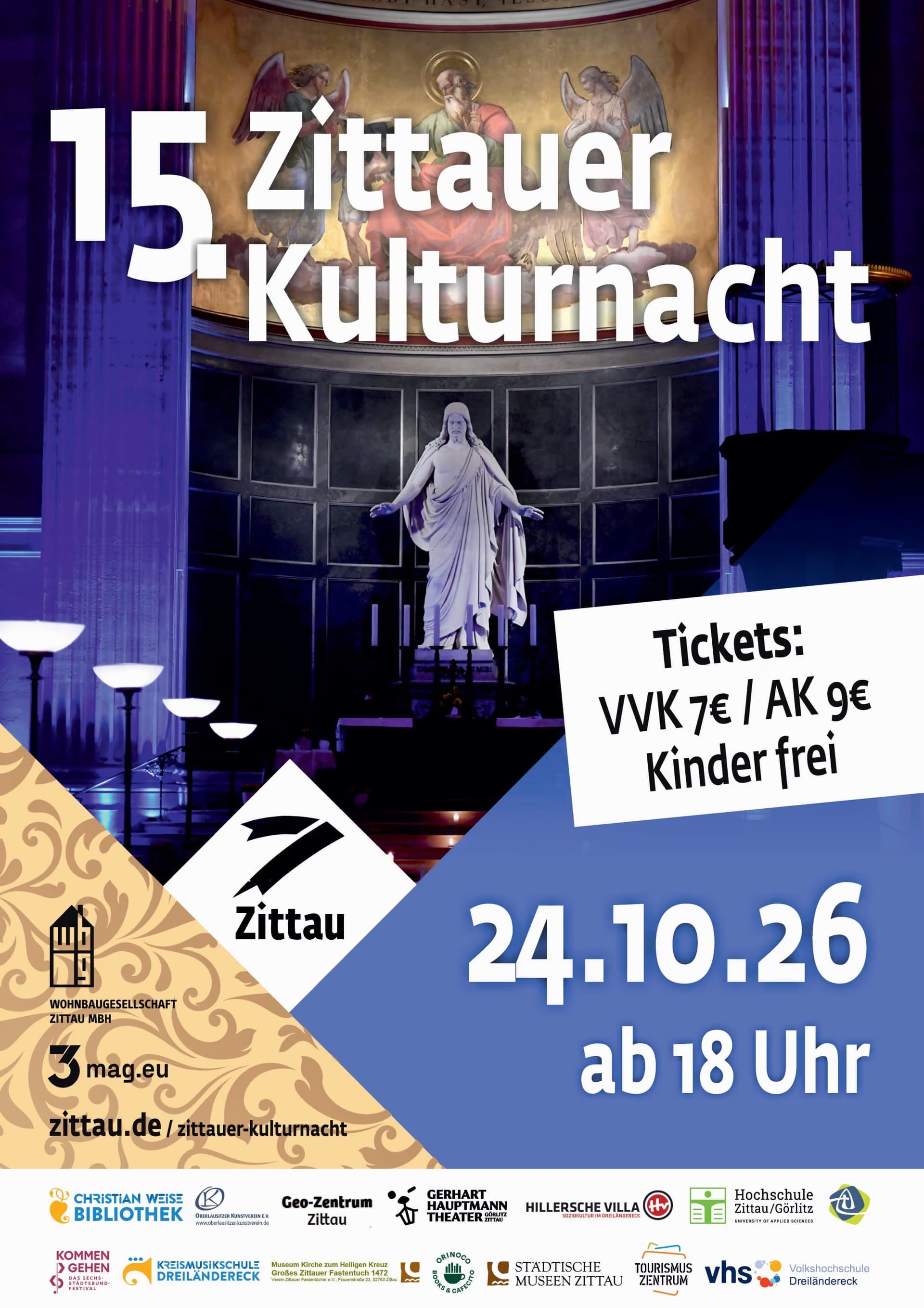 Plakat 15. Zittauer Kulturnacht na tle wnętrza kościoła.