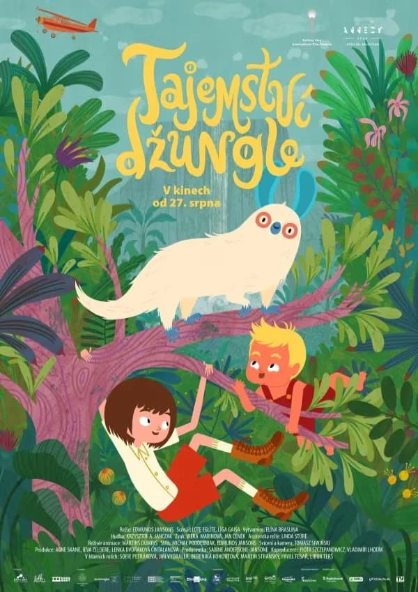 Ein animiertes Filmplakat zeigt zwei Kinder beim Klettern im Baum mit einem weißen Wesen im Dschungel.