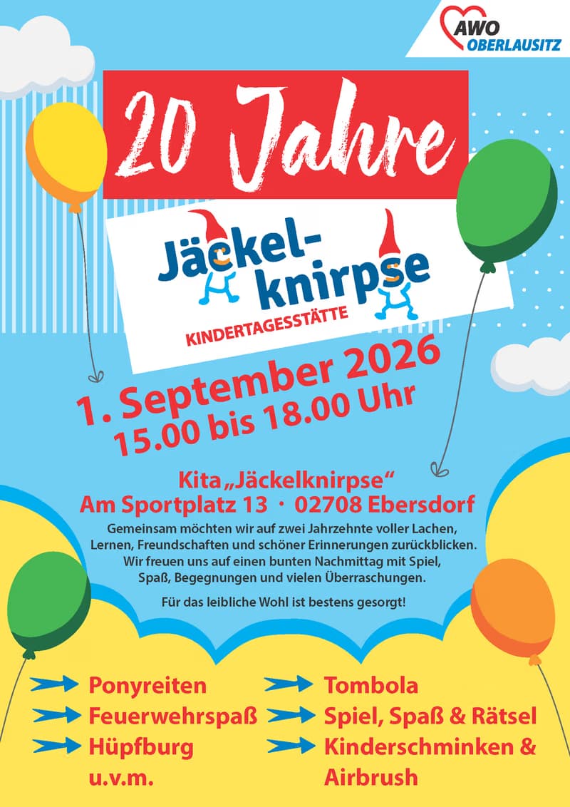 An event flyer announcing the 20th anniversary celebration of the Jäckel-knirpse kindergarten with activities.