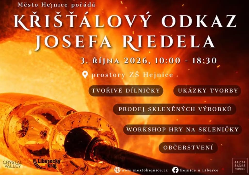 Plakat promocyjny wydarzenia Křišťálový odkaz Josefa Riedela z motywem gorącego szkła.