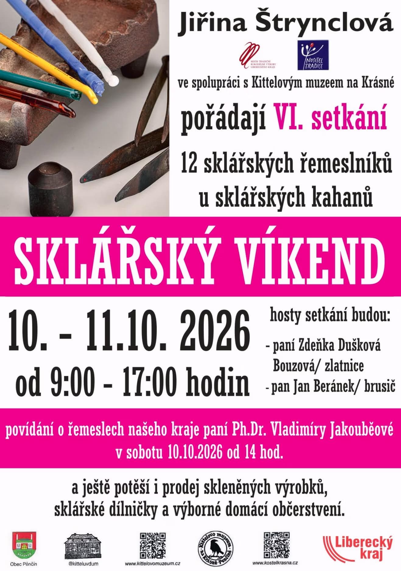 A glassmaking tools poster featuring colored glass rods and text about an October workshop event.