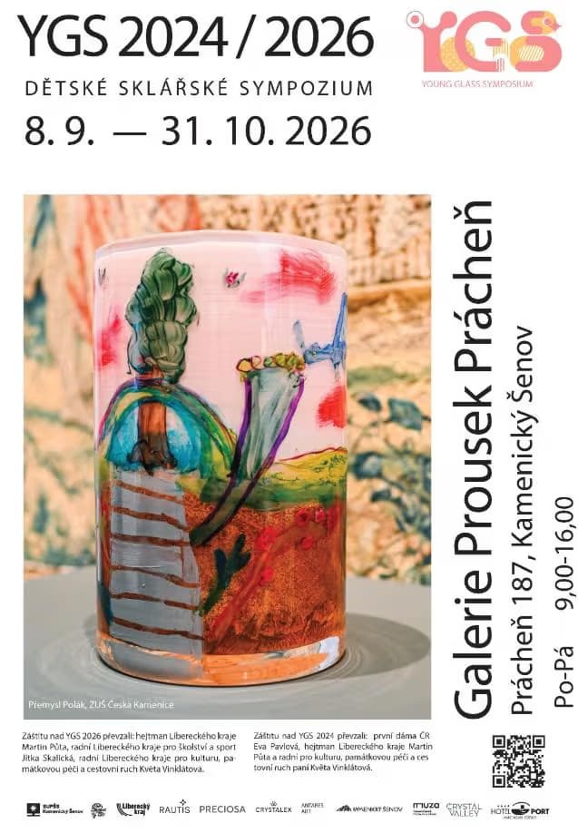 A promotional poster for the Young Glass Symposium featuring a painted glass vase and event details.