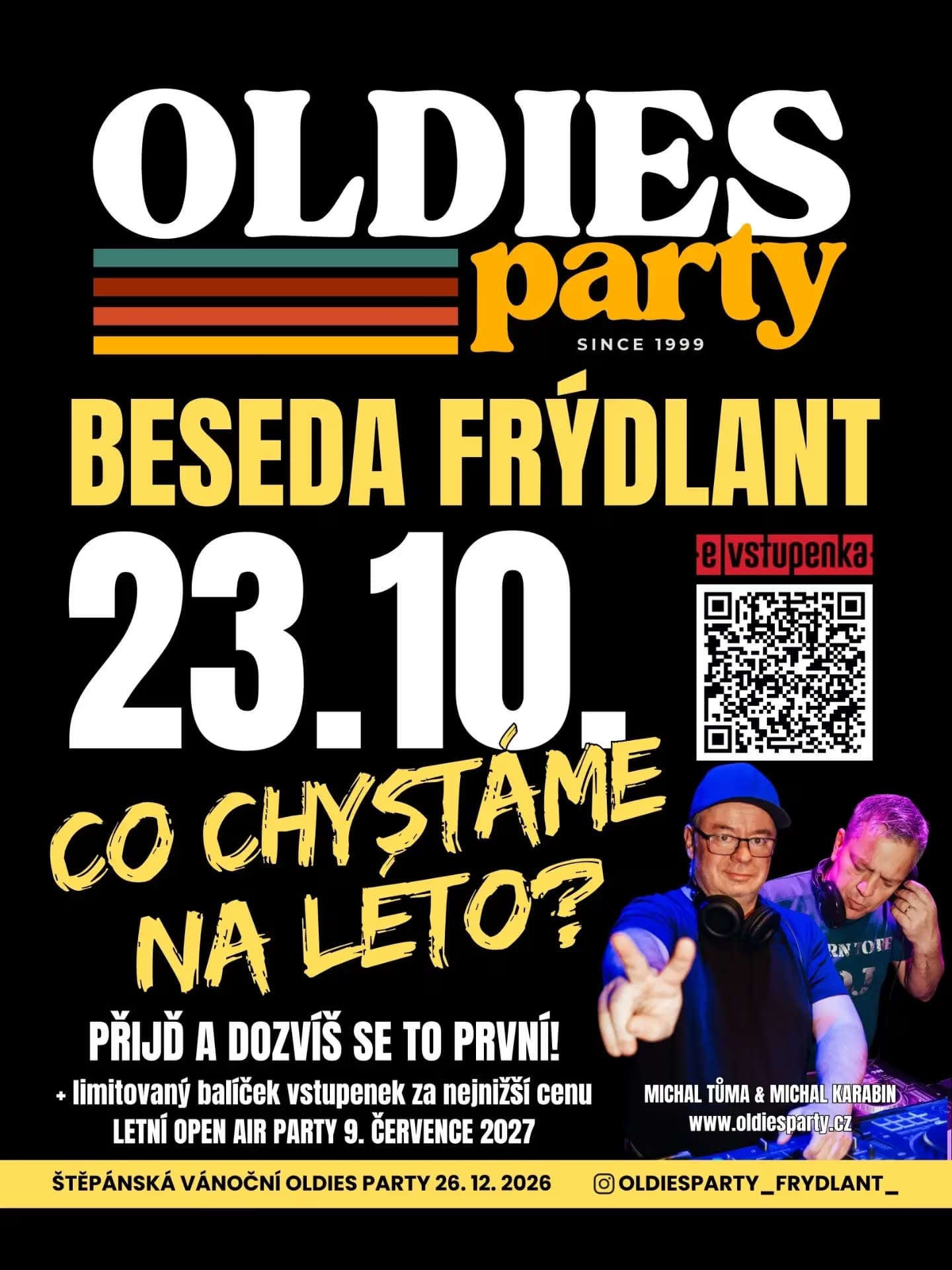 Plakat promocyjny imprezy Oldies party w Beseda Frýdlant ze zdjęciem DJ-a i kodem QR do biletów.