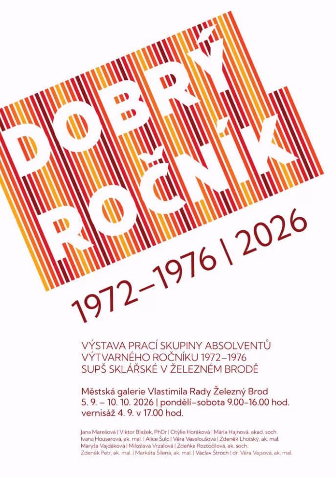 Exhibition poster titled Dobrý ročník featuring text details on a white background with orange stripes.