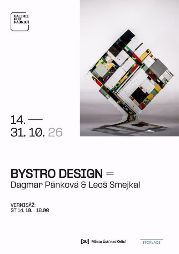 Ein minimalistisches Galerieplakat mit einer abstrakten Glasskulptur und Details zur Bystro Design Ausstellung.