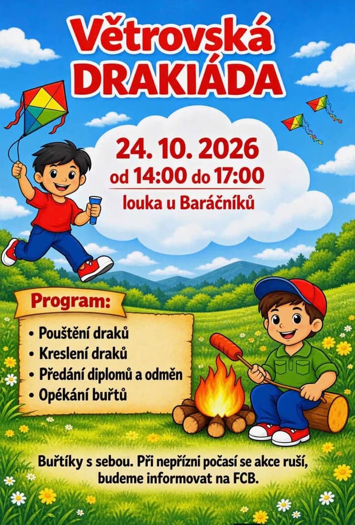 Kreslený plakát na dětskou drakiádu s dětmi na louce a informacemi o programu.
