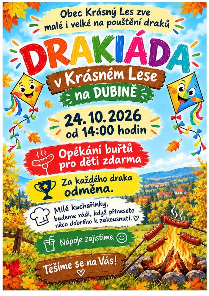 Kolorowy plakat zapraszający na jesienne puszczanie latawców z ilustracjami latawców i ogniska.