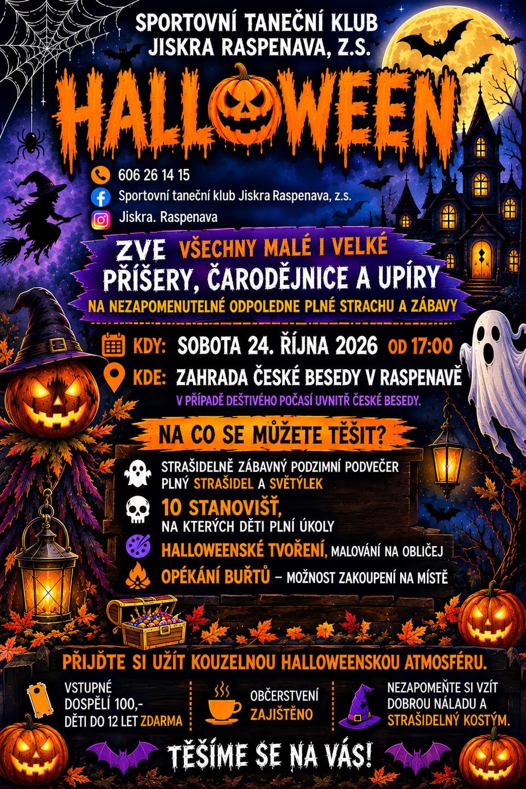 Plakat na Halloween z rzeźbioną dynią, nawiedzonym domem i duchem na ciemnym tle.