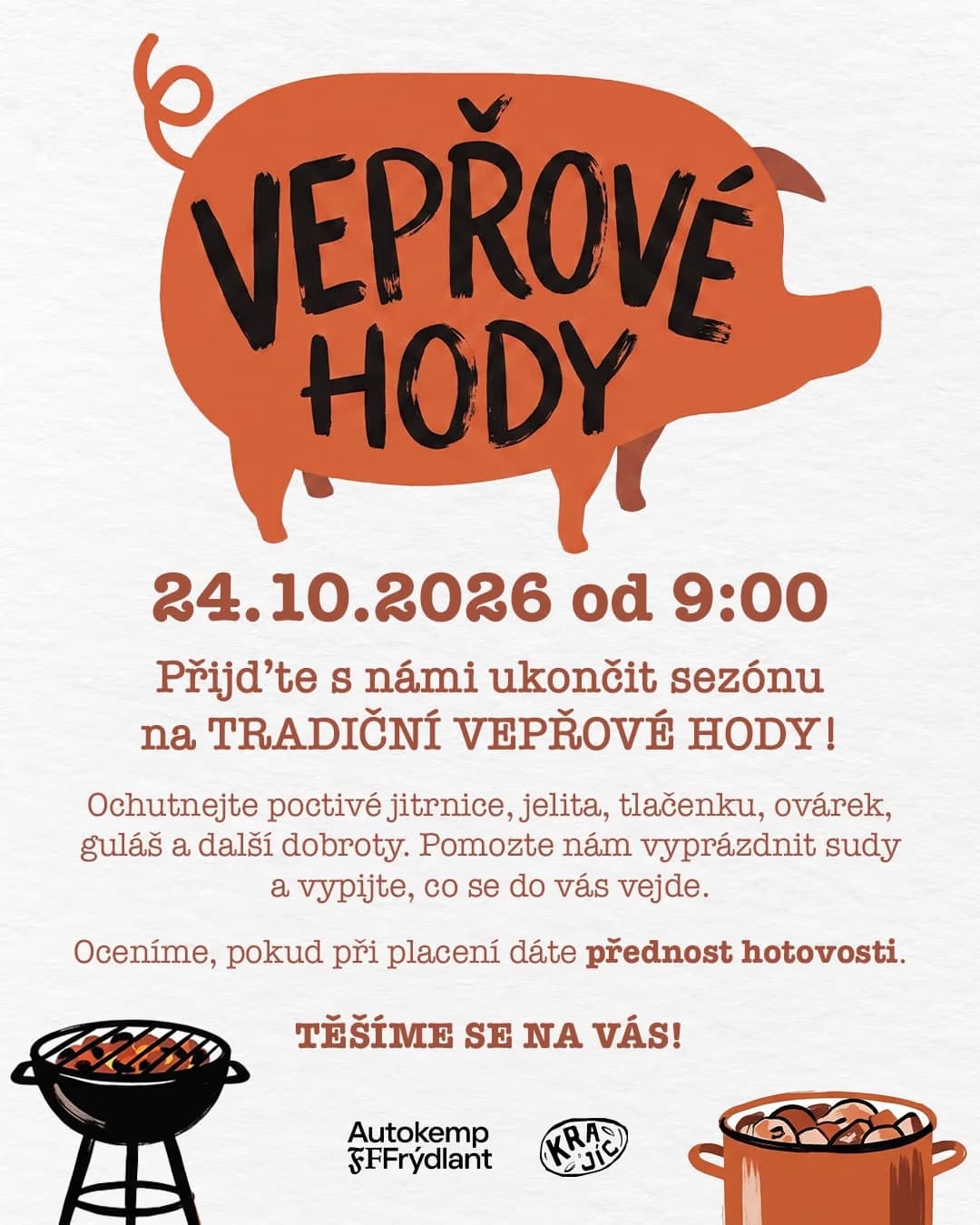 Ilustracja świnki na plakacie zapraszającym na tradycyjną czeską ucztę wieprzową.