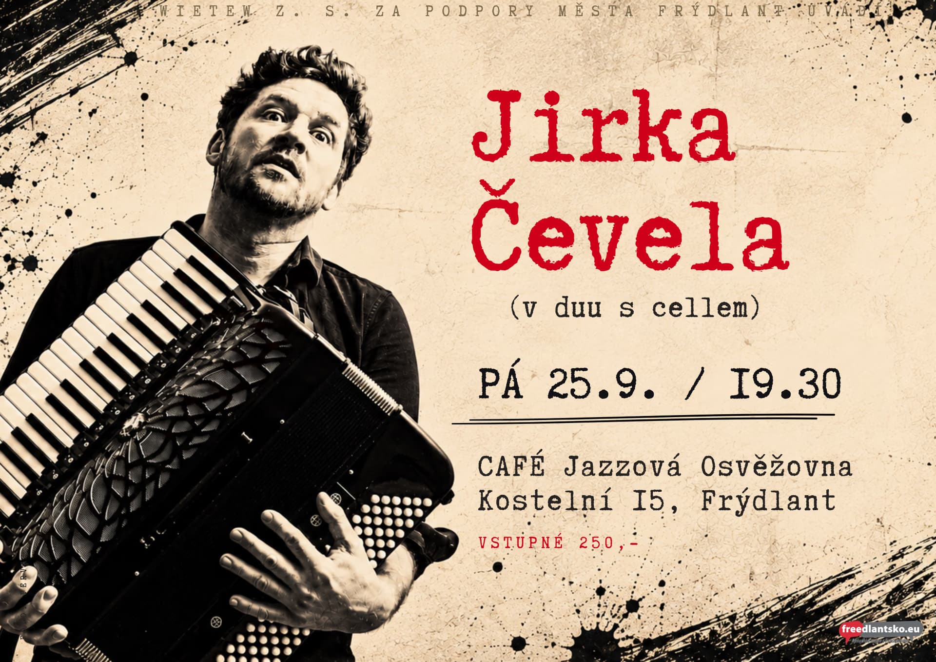 A man plays the accordion on a promotional event poster for a concert in Frýdlant.