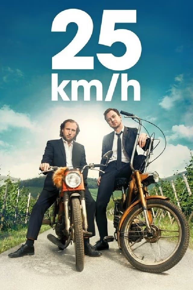 Two men in suits sit on vintage mopeds in a vineyard with the text 25 km/h above them.