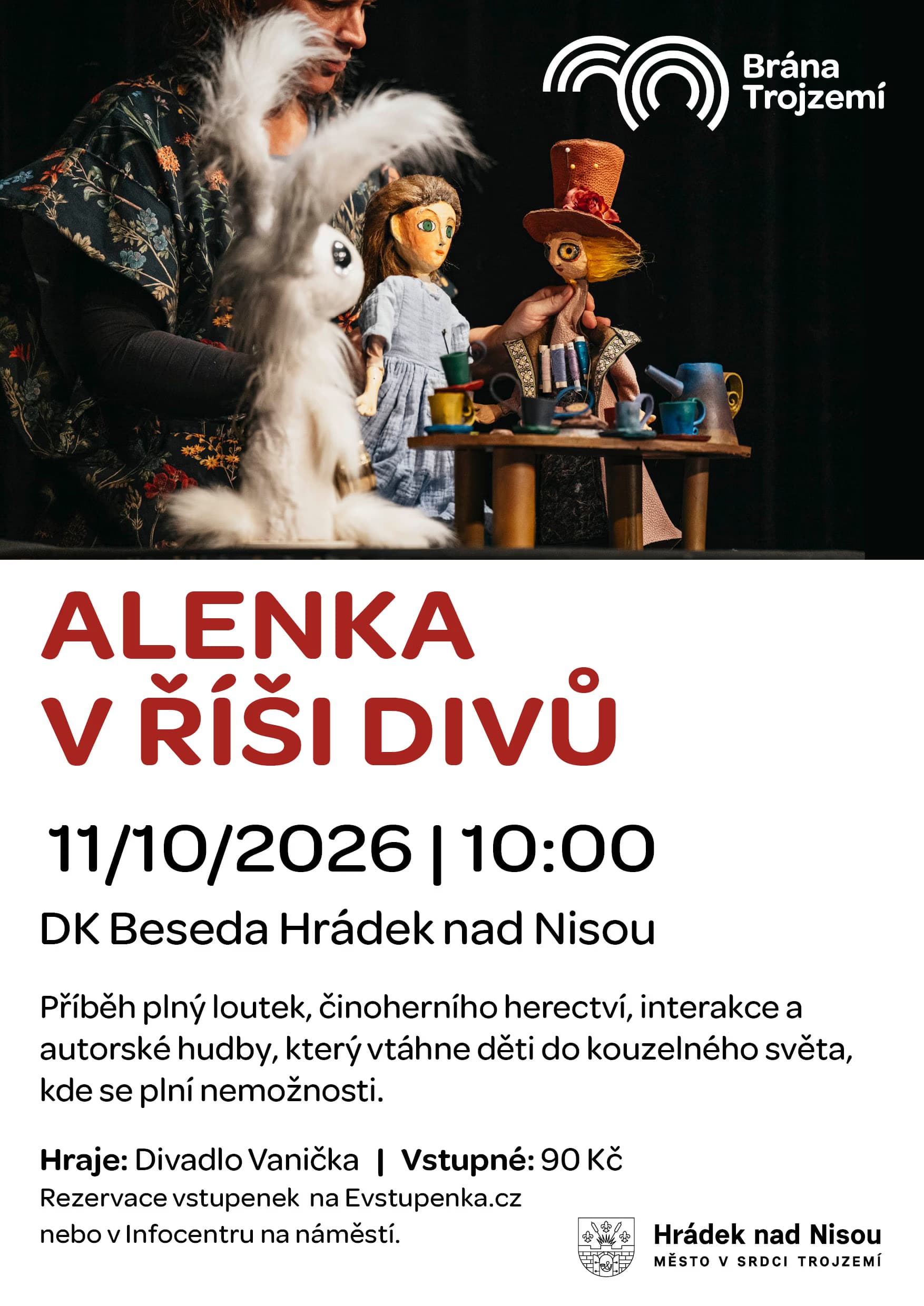 Ein Puppenspieler führt eine Szene aus Alice im Wunderland mit Handpuppen auf einer Bühne auf.