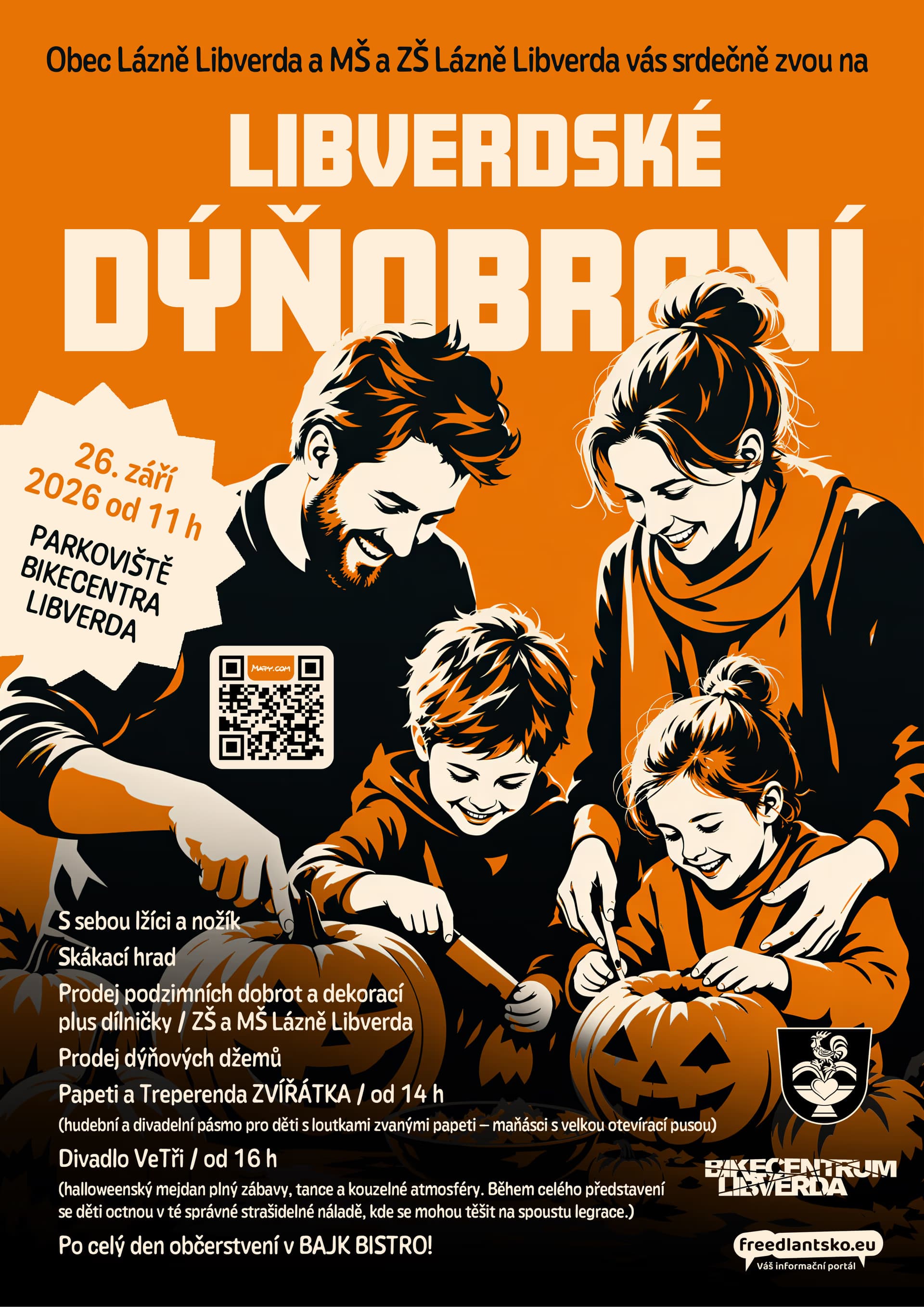 Eine Familie schnitzt Kürbisse beim Event Libverdské Dýnobraní, das Plakat zeigt das Programm.