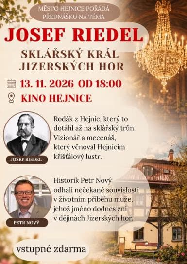Event poster about Josef Riedel, a glassmaker, featuring his portrait and details for a lecture.