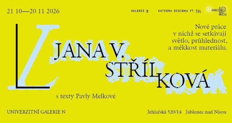 Yellow exhibition poster for Jana V. Střílková at Univerzitní Galerie N in Jablonec nad Nisou.