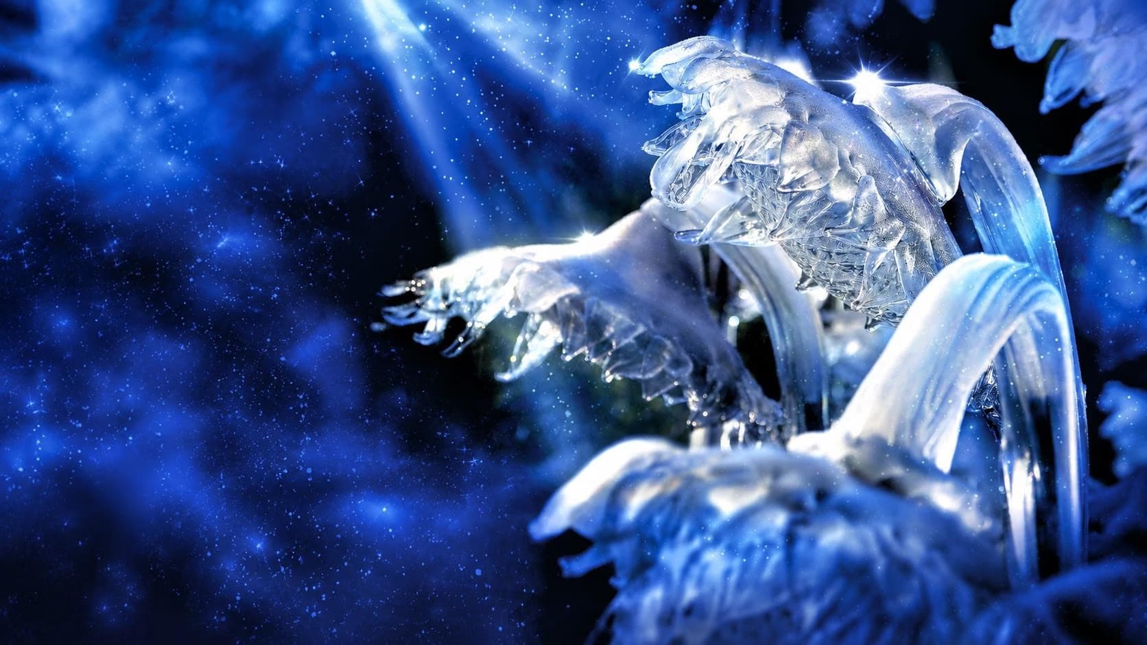 Translucent glass-like flowers glow against a dark blue cosmic background with light rays.