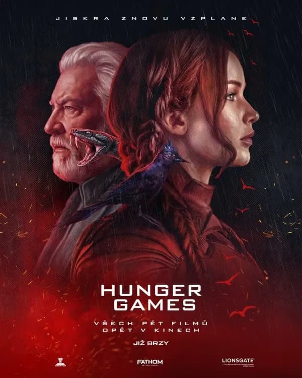 Movie poster featuring character profiles, a snake, and a bird for the Hunger Games series.