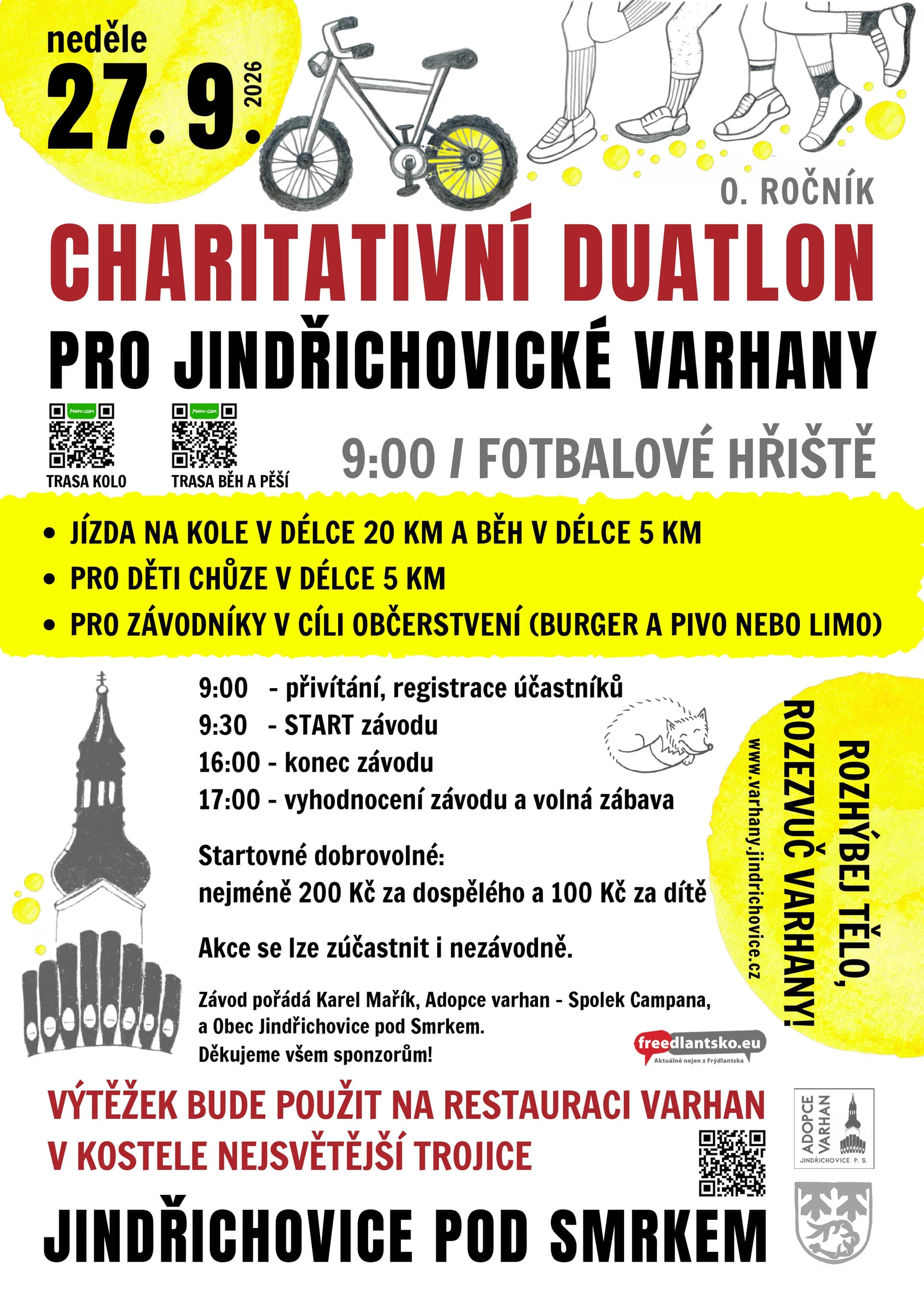 Plakat für einen Wohltätigkeits-Duathlon in Jindřichovice mit Illustrationen eines Fahrrads und Laufschuhen.