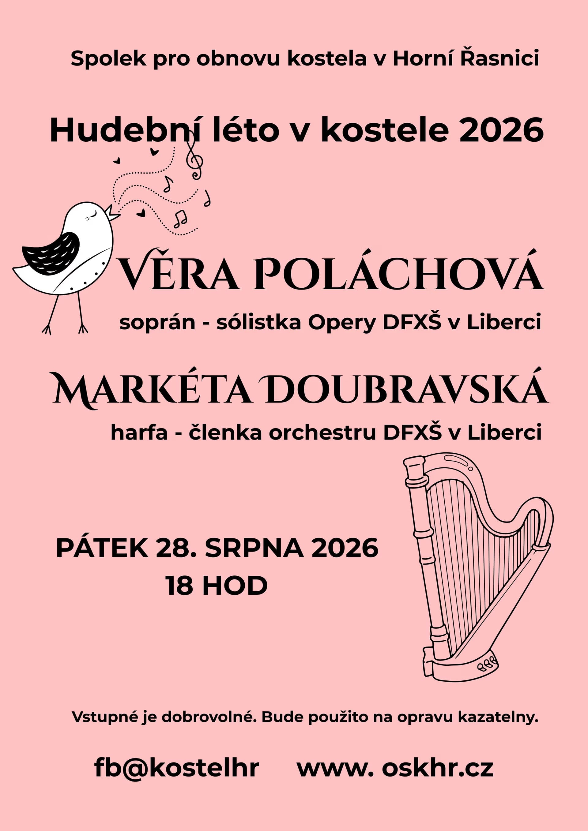 Rosa Veranstaltungsplakat für ein Sommerkonzert 2026 in der Kirche von Horní Řasnice mit zwei Musikerinnen.