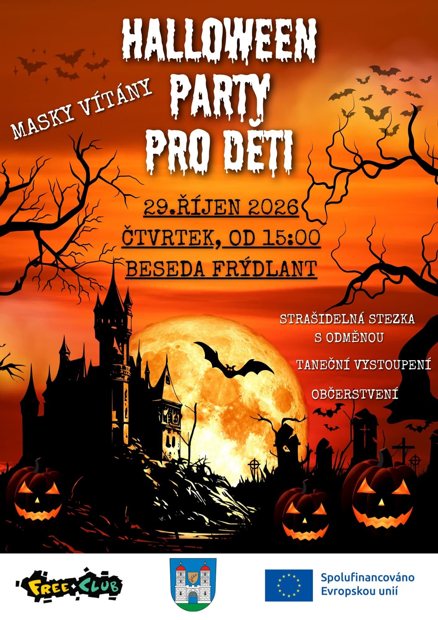 Plakat halloweenowy z dyniami, nawiedzonym zamkiem i nietoperzami na tle wielkiego pomarańczowego księżyca.
