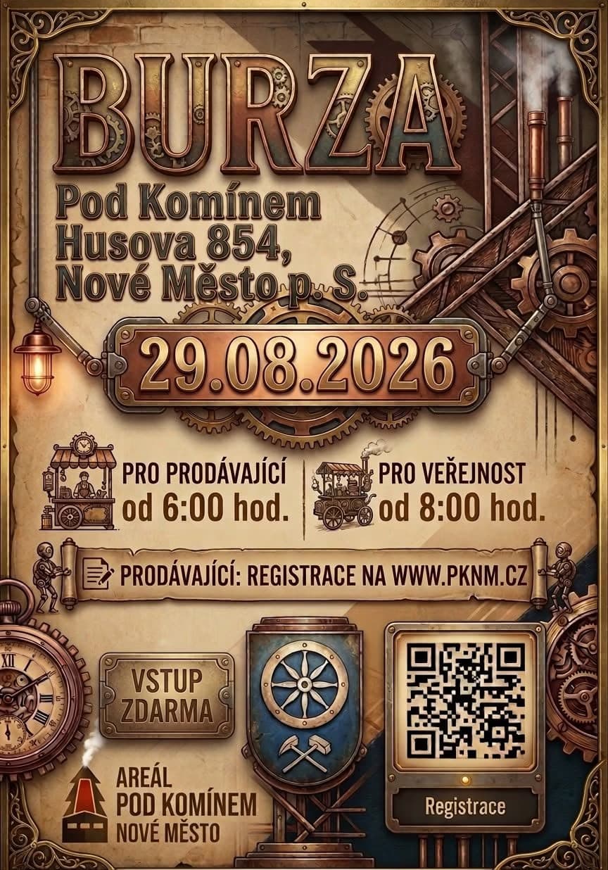 Plakat im Steampunk-Stil für einen Markt mit Zahnrädern, Fabriksymbol und Veranstaltungsdetails.