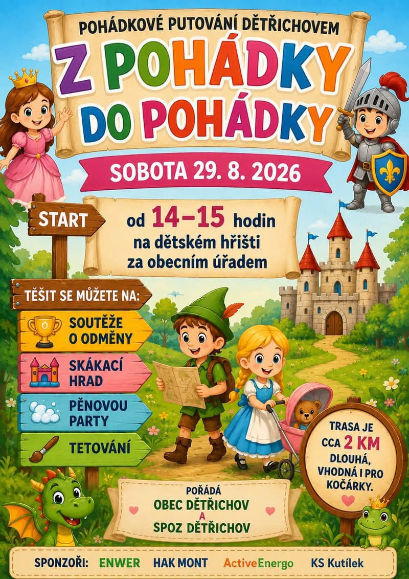Barevný pohádkový plakát s princeznou, rytířem a dětmi kráčejícími k zámku, zvoucí na dětskou akci.