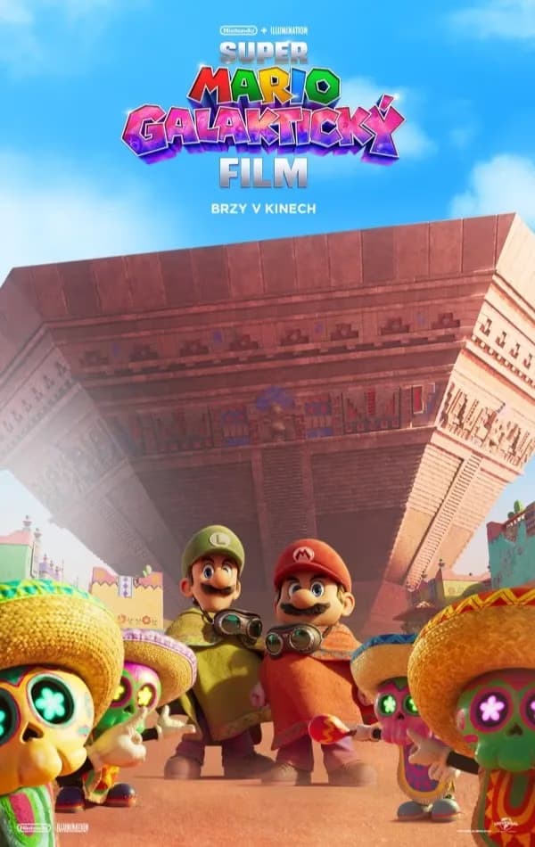 Mario und Luigi stehen vor einer Wüstenpyramide, umgeben von bunten Skeletten mit Sombreros.