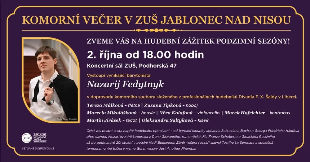 A chamber concert poster featuring a male musician and details about an autumn performance in Jablonec.