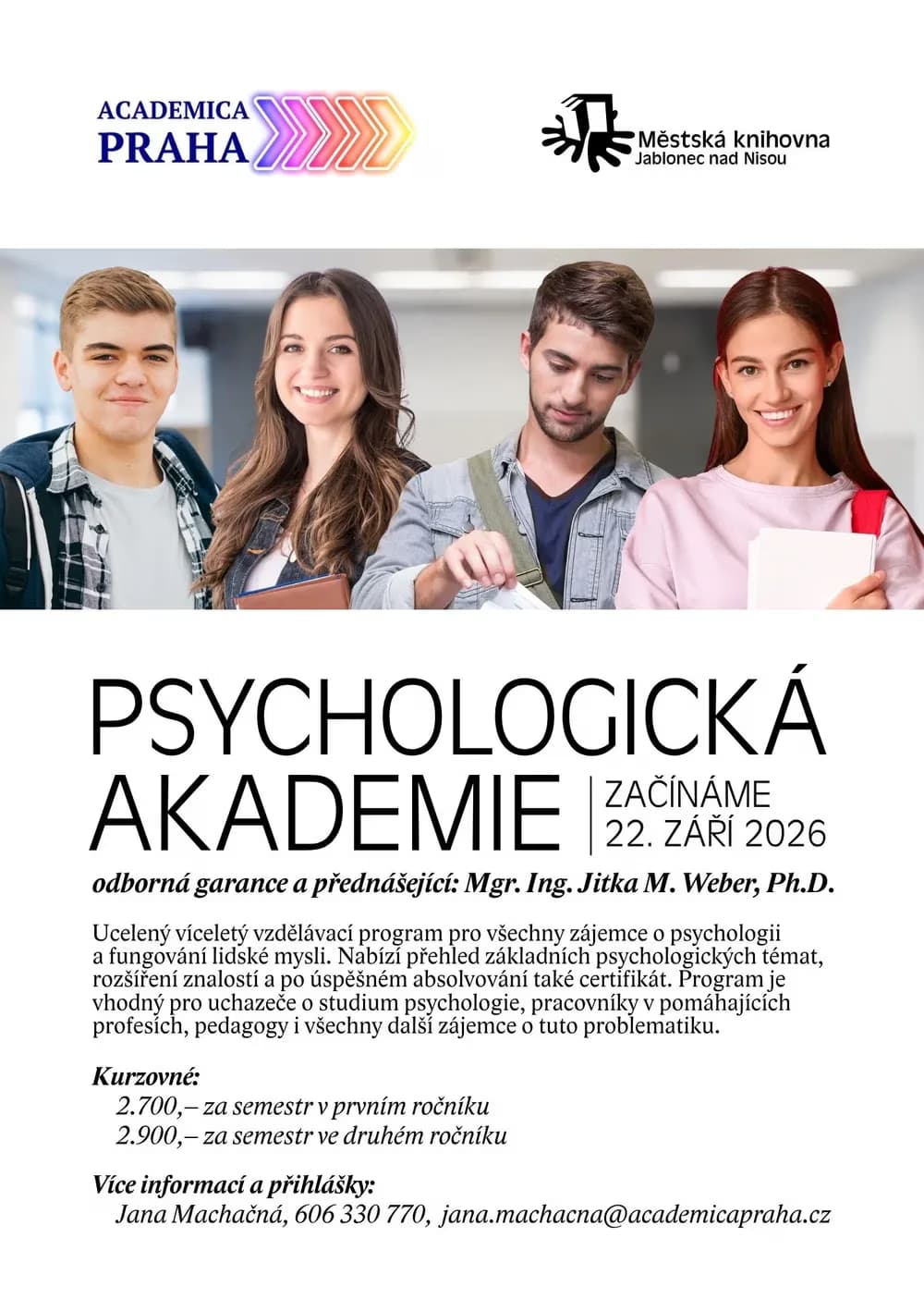 Four students stand smiling in a bright room above text about a psychology academy course.