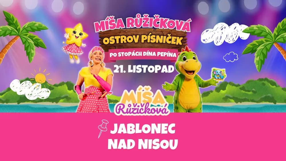 Piosenkarka Míša Růžičková stoi z maskotką dinozaura na tle kolorowej kreskówkowej tropikalnej sceny.