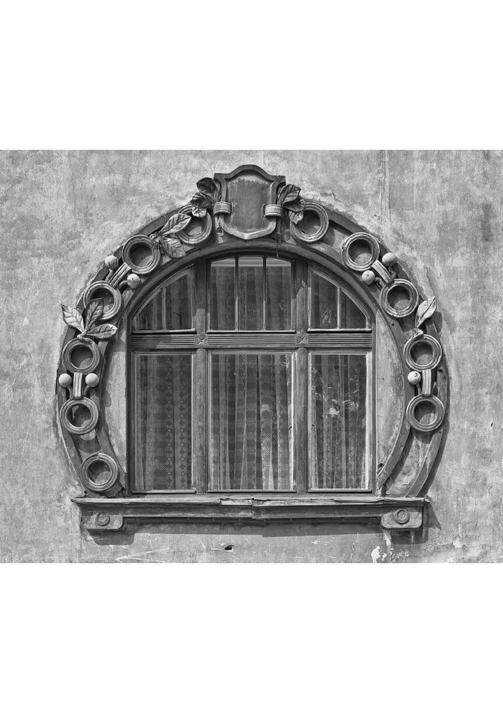 Ornate, semi-circular art nouveau window frame with decorative stone carvings on a weathered wall.