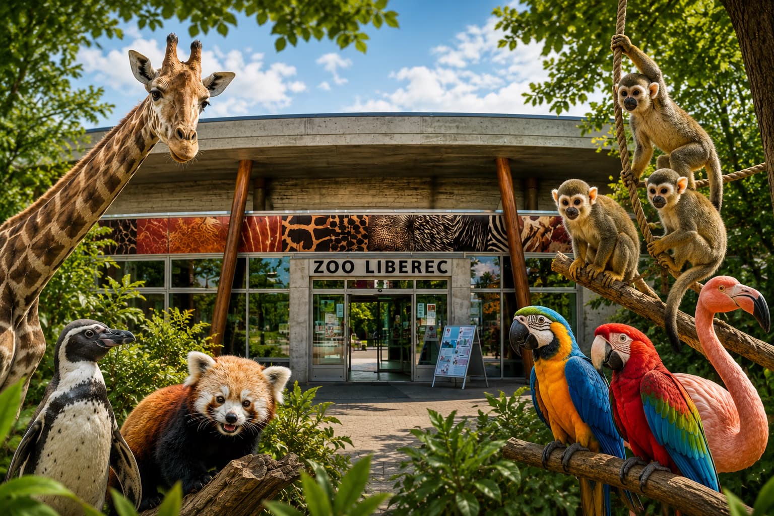 Various animals including a giraffe, monkeys, and parrots surround the entrance to Liberec Zoo.
