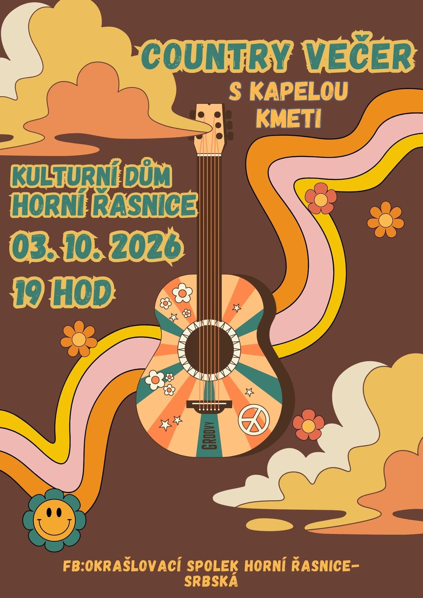 Retro-style poster featuring a guitar with hippie-era patterns advertising a country music evening.
