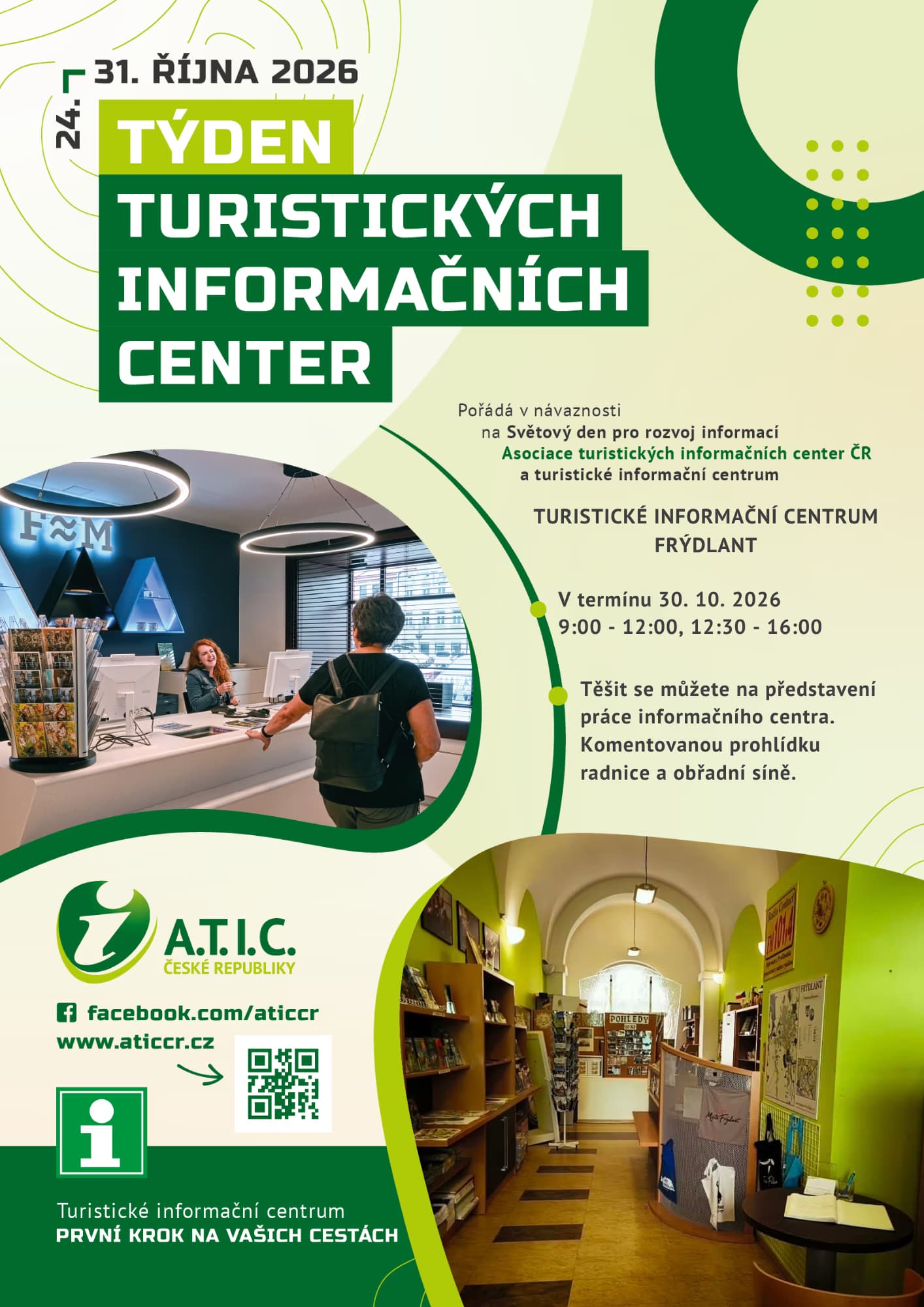 Ulotka promująca tydzień punktów informacji turystycznej z tekstem oraz zdjęciami biura i korytarza.