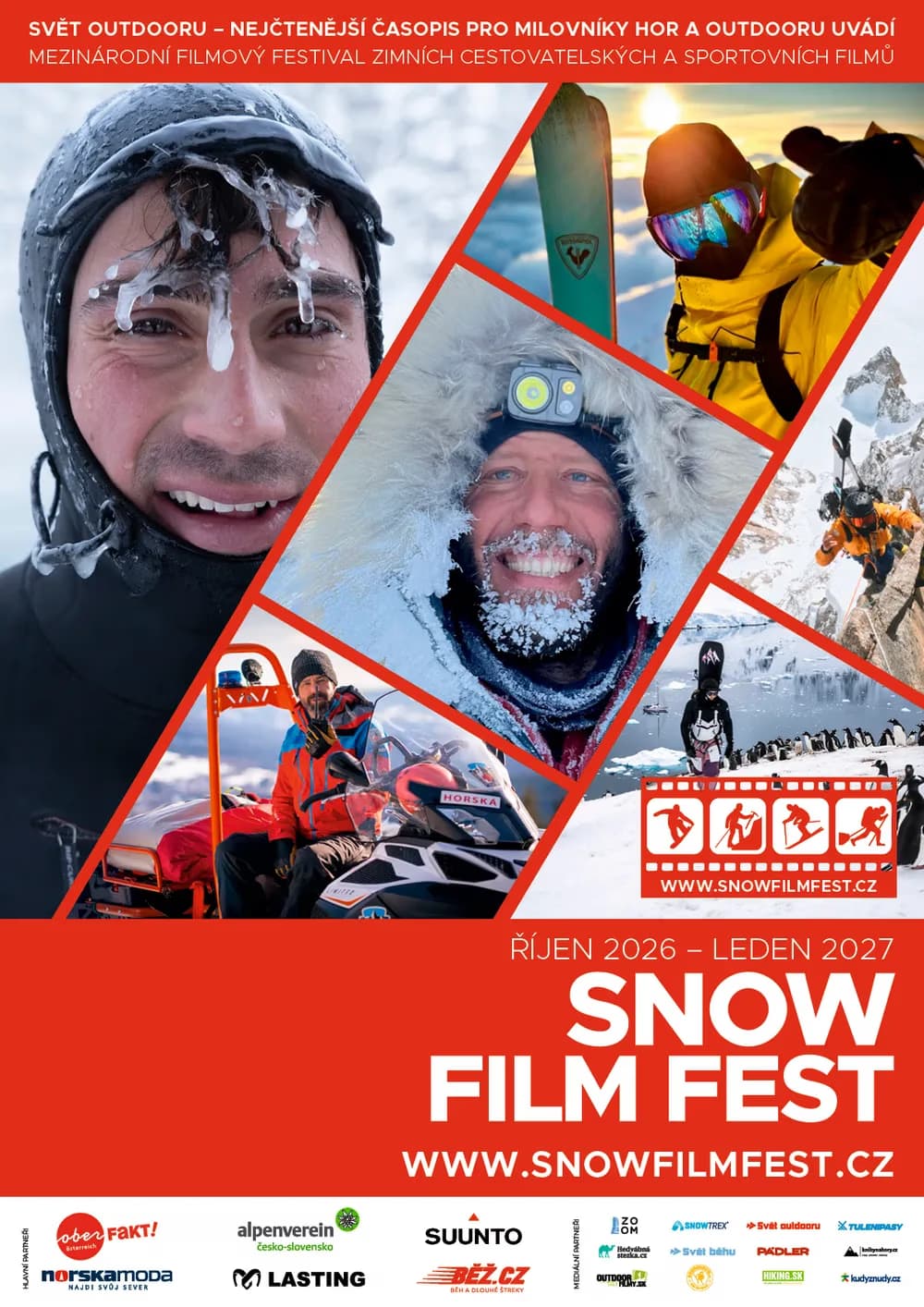 Kolaż zdjęć sportów zimowych oraz tekst promujący festiwal filmowy Snow Film Fest.