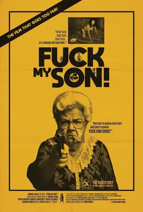 Movie poster featuring a grandmother holding a pistol against a bright yellow background.