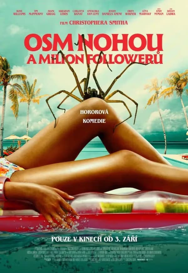 A woman relaxes on a pool float in a tropical setting with a large spider on her knee.