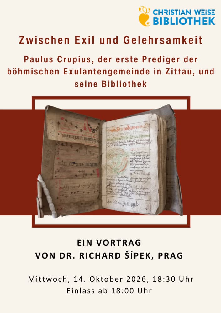Eine Vortragsankündigung zeigt ein altes aufgeschlagenes Buch und Veranstaltungsdetails der Christian Weise Bibliothek.